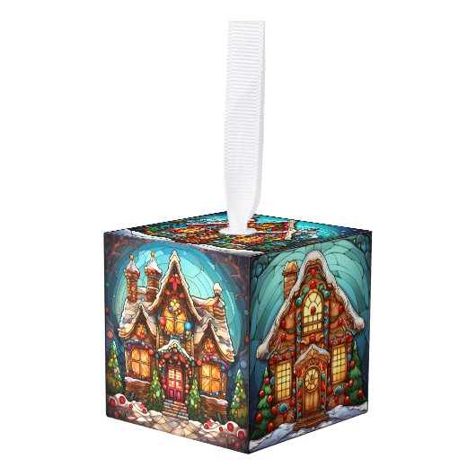 3つの画像ステンドグラスのクリスマスキューブオーナメント キューブオーナメント (正面アングル)