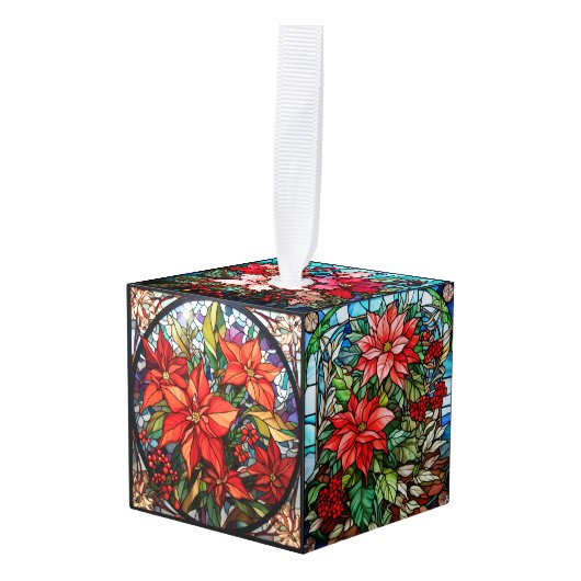 3つの画像ステンドグラスのクリスマスキューブオーナメント キューブオーナメント (正面アングル)