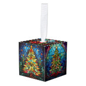 3つの画像ステンドグラスのクリスマス キューブオーナメント (正面アングル)