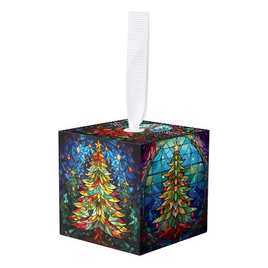 3つの画像ステンドグラスのクリスマス キューブオーナメント (正面アングル)