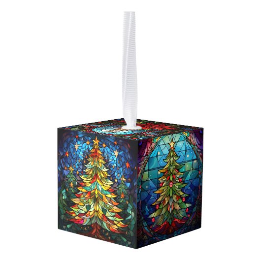 3つの画像ステンドグラスのクリスマス キューブオーナメント (裏面アングル)