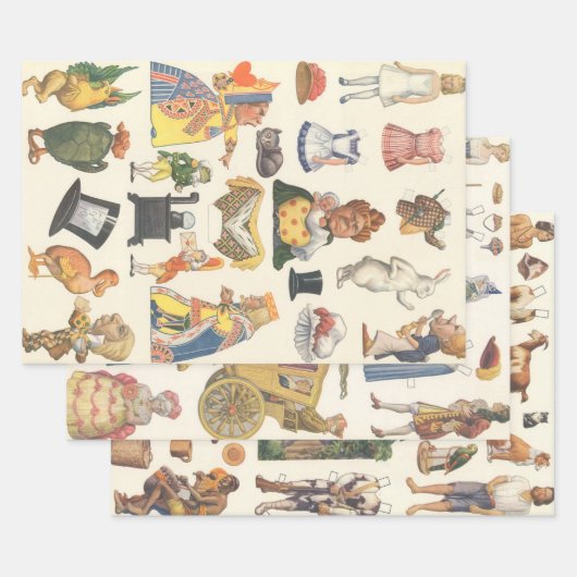 3つの異なるヴィンテージ ビクトリア朝の紙人形シーン ラッピングペーパーシート (セット)