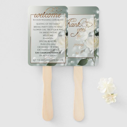 3つの白いバラ/金ゴールドトリム ハンドファン (正面&裏面)