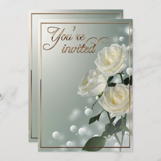 3つの白いバラ/金ゴールドトリム 招待状 (正面/裏面)