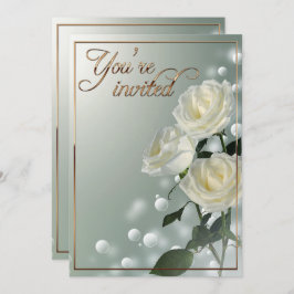 3つの白いバラ/金ゴールドトリム 招待状
