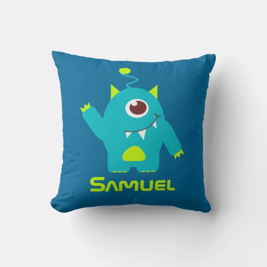 3つの目のエイリアンブルー&グリーンの子供の名前の枕 クッション (正面)