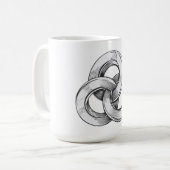 3つの相互接続された円の抽象的な黒と白のデザイン コーヒーマグカップ (正面左)