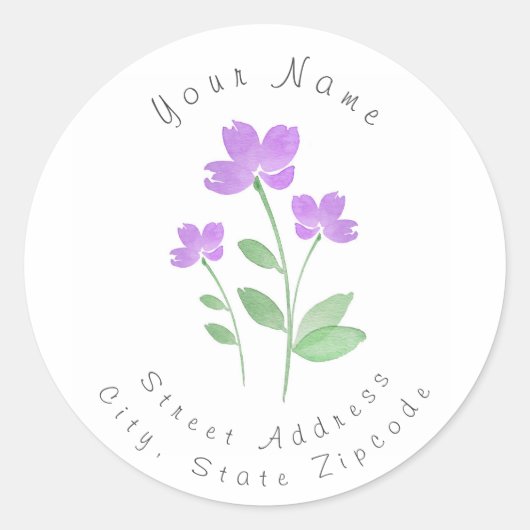 3つの紫色の水色の花茎ラベル ラウンドシール (正面)