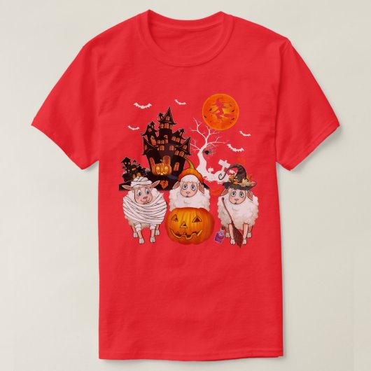 3つの羊ハロウィンミイラ怖い魔女とカボチャ Tシャツ (デザイン正面)