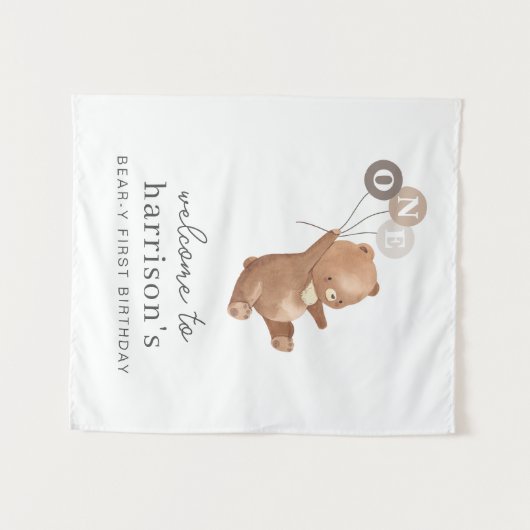 3つの茶色のバルーンを持つクマのウェルカムサイン タペストリー (正面(横))