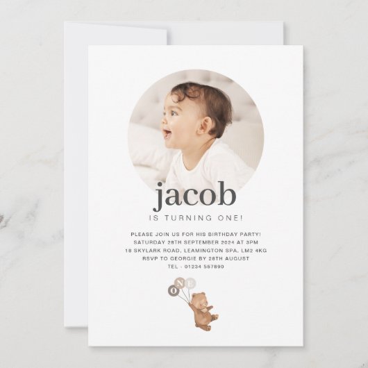 3つの茶色のバルーンを持つクマ – フォト誕生日 招待状 (正面)