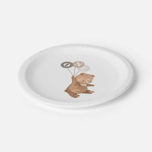 3つの茶色のバルーンを持つテディベア ペーパープレート (アングル)