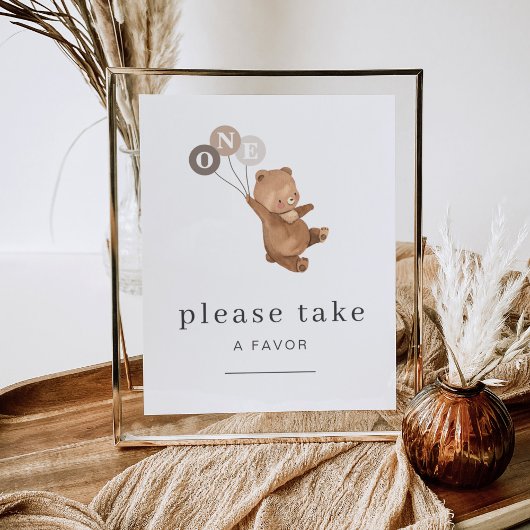 3つの茶色の風船の好意サインを持つクマ ポスター