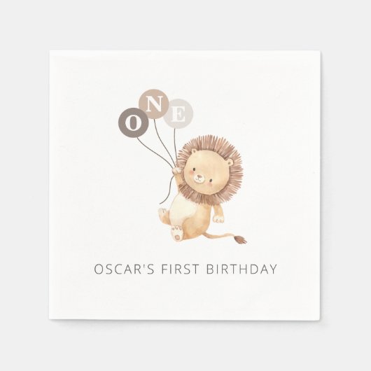 3つの茶色の風船を持つライオン スタンダードカクテルナプキン (正面)