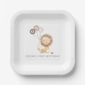 3つの茶色の風船を持つライオン ペーパープレート (正面)