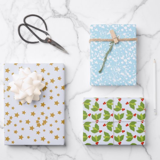 3つの表面パターンは雪ホリーベリーを星にする ラッピングペーパーシート (正面)