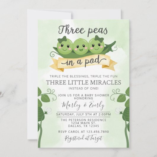3つの豆のポッドベイビーシャワー招待状三重項 招待状 (正面)