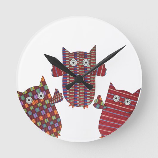 3つの赤いフクロウのラウンドクロック ラウンド壁時計 (正面)