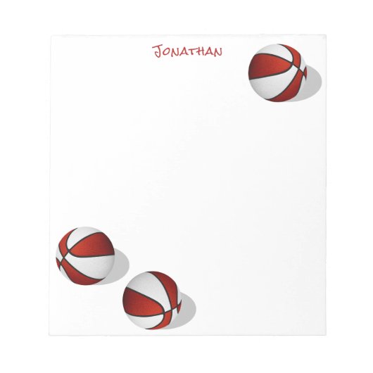 3つの赤い白いバスケットボール名前をカスタムする ノートパッド (正面)