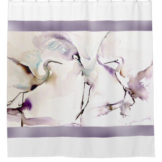 "3つの踊るクレーン"水彩画 シャワーカーテン (正面)