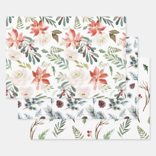 3つの違うクリスマスパターン ラッピングペーパーシート (セット)