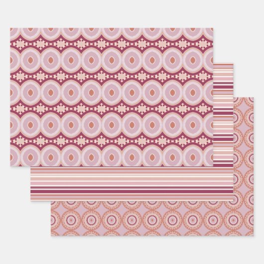 3つの違うパターン（の模様が）あるデザイン ラッピングペーパーシート (セット)