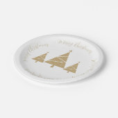 3つの金ゴールドクリスマスツリーとクリスマスグリーティング ペーパープレート (アングル)