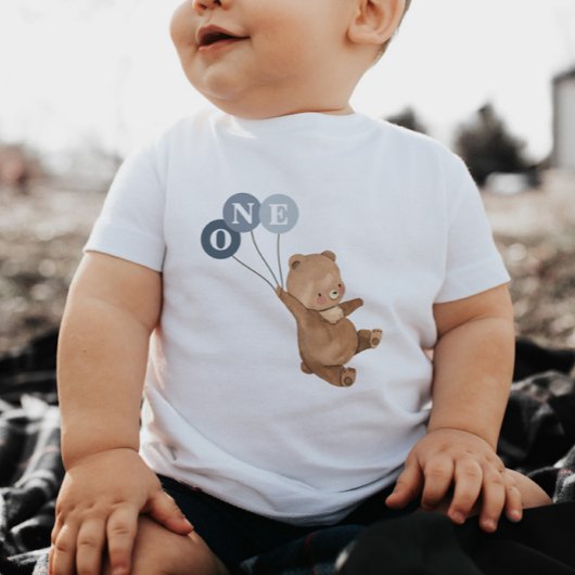 3つの青いバルーンとクマ1st誕生日 ベビーTシャツ