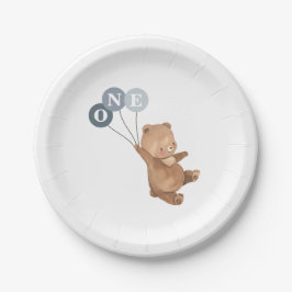 3つの青いバルーンとクマ1st誕生日 ペーパープレート