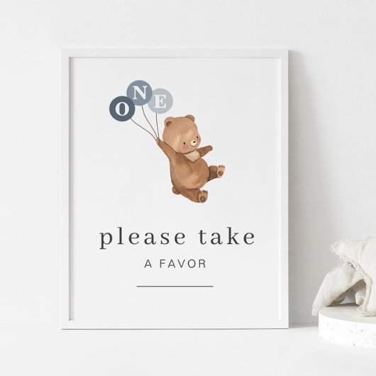 3つの青い風船の好意のサインでクマ ポスター