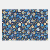 3つの青と金ゴールド装飾デザインクリスマス ラッピングペーパーシート (正面3)