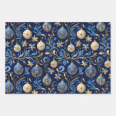 3つの青と金ゴールド装飾デザインクリスマス ラッピングペーパーシート (正面2)