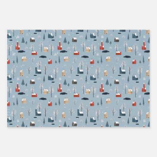 3つの風光明媚な冬のワンダーランドカントリー村のセット ラッピングペーパーシート (正面3)