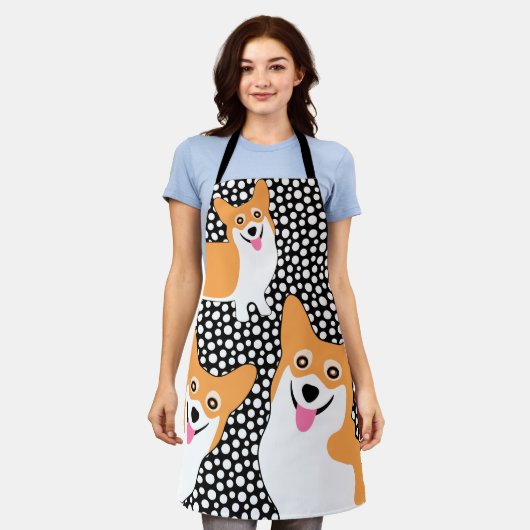3つの飢えたコーギおもしろい エプロン (着用した状態)
