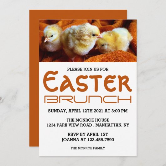 3つの黄色のチックス、オレンジと白のイースターブランチ 案内状 (正面/裏面)