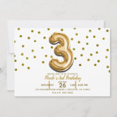 3つの3金ゴールドバルーン紙吹雪3番目の誕生日パーティー 招待状 (正面)