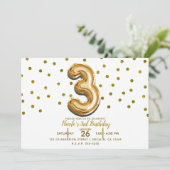 3つの3金ゴールドバルーン紙吹雪3番目の誕生日パーティー 招待状 (スタンド正面)