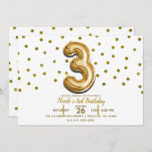 3つの3金ゴールドバルーン紙吹雪3番目の誕生日パーティー 招待状 (正面/裏面)