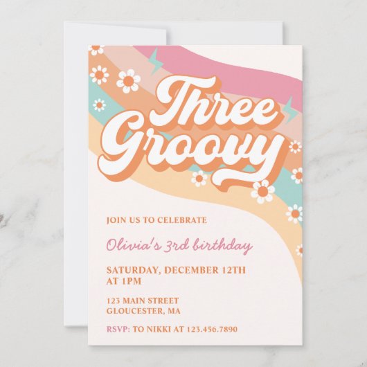 3つのGroovyレトロデイジー3番目の誕生日パーティー 招待状 (正面)