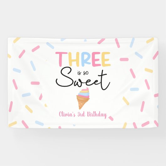 3つはとても甘いアイスクリームの3番目の誕生日パーティー 横断幕 (横)