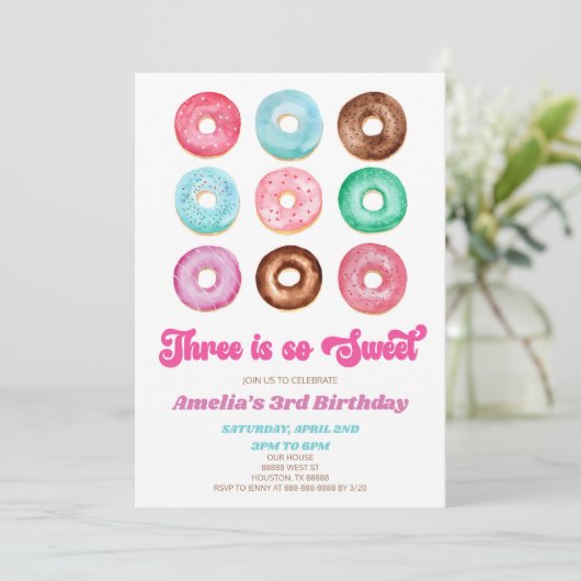 3つはとても甘いドーナツの3番目の誕生日パーティー 招待状 (スタンド正面)