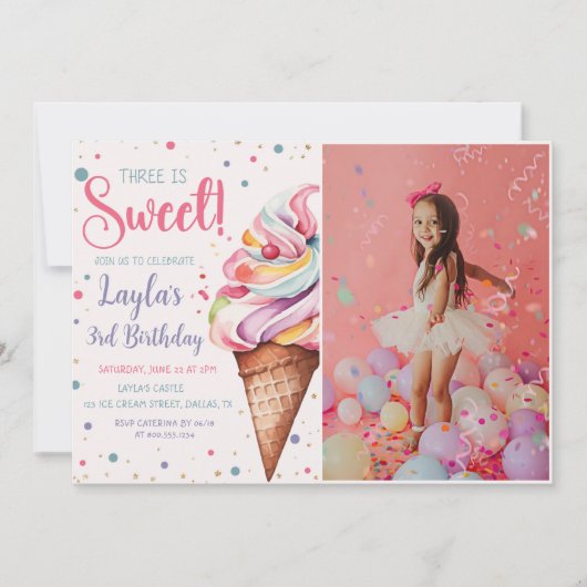 3つは甘いアイスクリーム3rd誕生日の写真 招待状 (正面)
