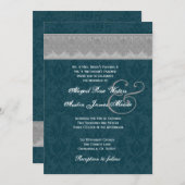 3つを結婚する銀およびティール(緑がかった色)のダマスク織のリボンのモノグラム 招待状 (正面/裏面)