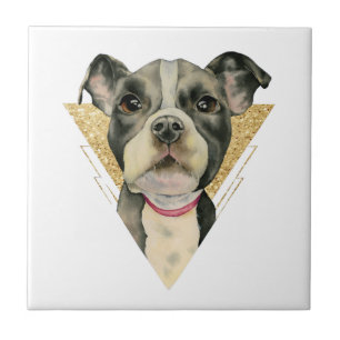 3つを絵を描いている"子犬"はピット・ブル犬の水彩画を注目します タイル