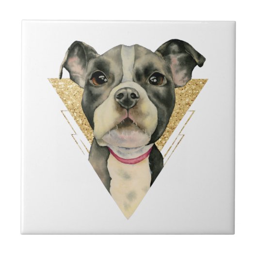 3つを絵を描いている"子犬"はピット・ブル犬の水彩画を注目します タイル (正面)