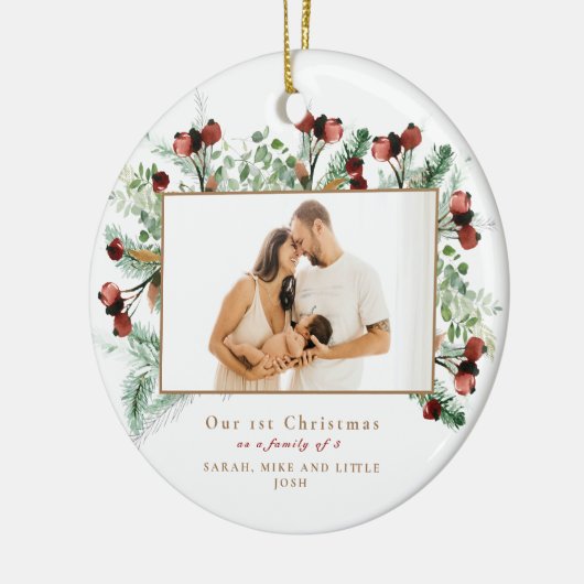 3つフォトホワイトの家族としての私たちの最初のクリスマス セラミックオーナメント (左)