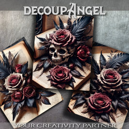 3のセット – スカルと緋色のバラ#1 - Decopage ラッピングペーパーシート
