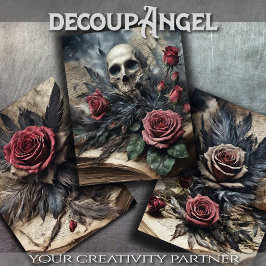 3のセット – スカルと緋色のバラ#2 - Decopage ラッピングペーパーシート