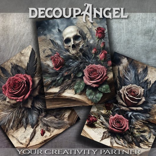 3のセット – スカルと緋色のバラ#2 - Decopage ラッピングペーパーシート