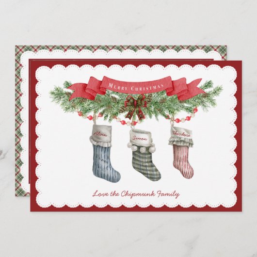 3のファミリ |クリスマスストッキングフラットホリデーカード シーズンカード (正面/裏面)